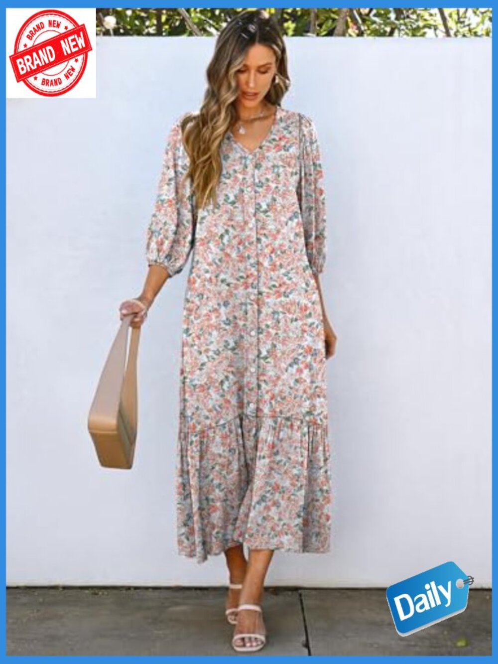 Boho Maxi Dress with Puff Sleeves Pockets Flowy Casual Loose Fit - Picture 6 of 7